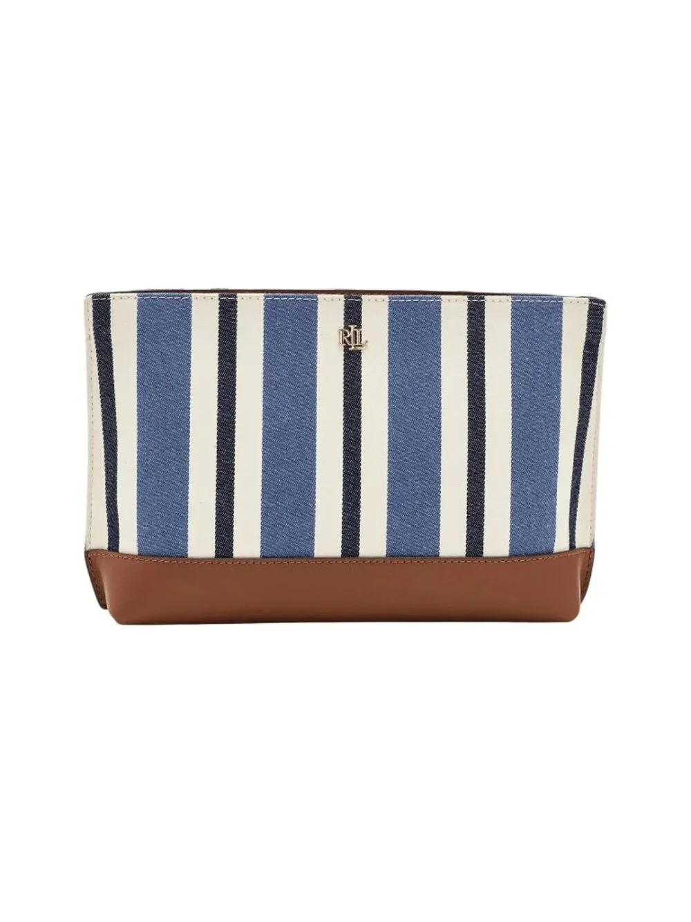 NWT Lauren Ralph Lauren Striped Canvas Leather Pouch Satchel Blue/Tan Size OS